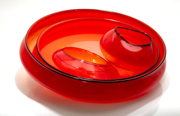Dale Chihuly, Four-Piece Castillian Red Basket Set with Black Lip Wraps, a hand-blown glass ensemble with fluid, asymmetrical forms and rich red color accented by bold black lip wraps