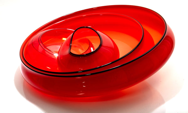 Dale Chihuly, Four-Piece Castillian Red Basket Set with Black Lip Wraps, a hand-blown glass ensemble with fluid, asymmetrical forms and rich red color accented by bold black lip wraps