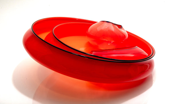 Dale Chihuly, Four-Piece Castillian Red Basket Set with Black Lip Wraps, a hand-blown glass ensemble with fluid, asymmetrical forms and rich red color accented by bold black lip wraps
