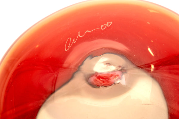 Dale Chihuly, Four-Piece Castillian Red Basket Set with Black Lip Wraps, a hand-blown glass ensemble with fluid, asymmetrical forms and rich red color accented by bold black lip wraps