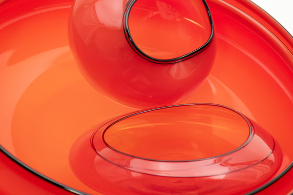 Dale Chihuly, Four-Piece Castillian Red Basket Set with Black Lip Wraps, a hand-blown glass ensemble with fluid, asymmetrical forms and rich red color accented by bold black lip wraps