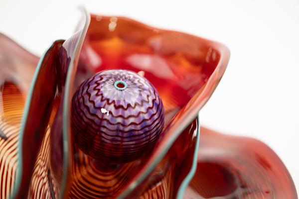 Dale Chihuly, Four Piece Red Seaform Set with Turquoise Lip Wrap, (1987) is a hand-blown glass sculpture featuring four organic red forms accented with a vibrant turquoise lip wrap
