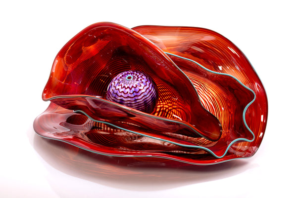 Dale Chihuly, Four Piece Red Seaform Set with Turquoise Lip Wrap, (1987) is a hand-blown glass sculpture featuring four organic red forms accented with a vibrant turquoise lip wrap