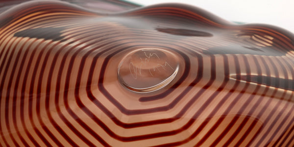 Dale Chihuly, Four Piece Red Seaform Set with Turquoise Lip Wrap, (1987) is a hand-blown glass sculpture featuring four organic red forms accented with a vibrant turquoise lip wrap