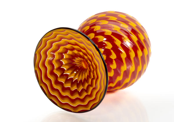 Dale Chihuly, four piece Cinnabar and Coral Persian Set with Black Lip Wraps, Signed 1998 Hand Blown Glass Sculpture