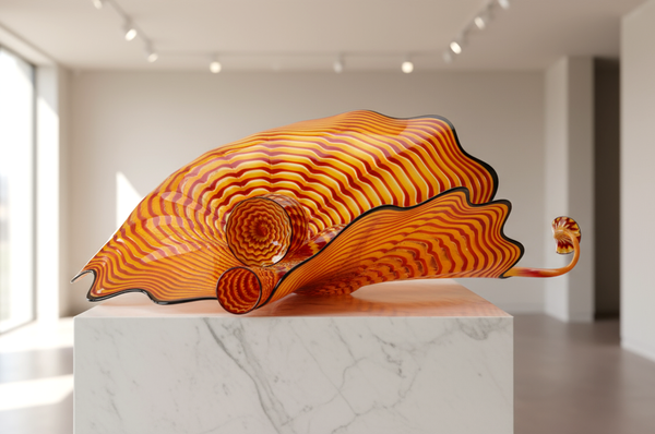 Dale Chihuly, four piece Cinnabar and Coral Persian Set with Black Lip Wraps, Signed 1998 Hand Blown Glass Sculpture