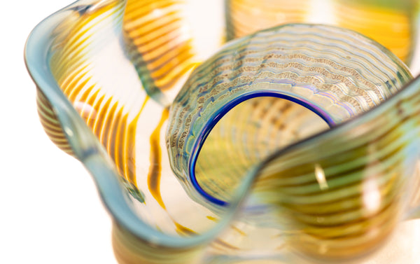 Dale Chihuly, Azure Blue and Ochre Seaform Set, Signed 1991 Unique Hand Blown Glass