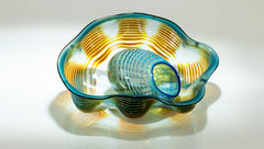 Dale Chihuly, Azure Blue and Ochre Seaform Set, Signed 1991 Unique Hand Blown Glass