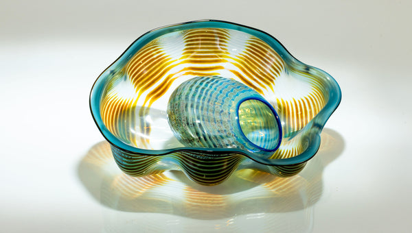 Dale Chihuly, Azure Blue and Ochre Seaform Set, Signed 1991 Unique Hand Blown Glass