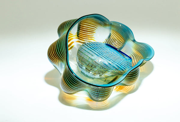 Dale Chihuly, Azure Blue and Ochre Seaform Set, Signed 1991 Unique Hand Blown Glass