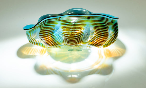 Dale Chihuly, Azure Blue and Ochre Seaform Set, Signed 1991 Unique Hand Blown Glass