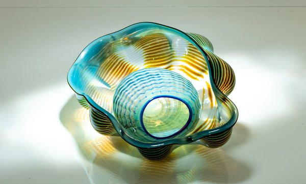 Dale Chihuly, Azure Blue and Ochre Seaform Set, Signed 1991 Unique Hand Blown Glass