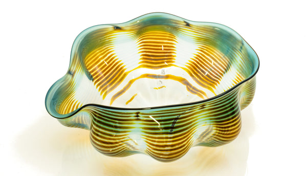 Dale Chihuly, Azure Blue and Ochre Seaform Set, Signed 1991 Unique Hand Blown Glass