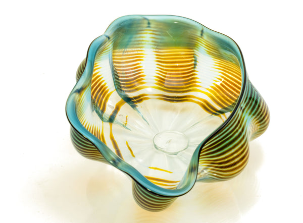Dale Chihuly, Azure Blue and Ochre Seaform Set, Signed 1991 Unique Hand Blown Glass