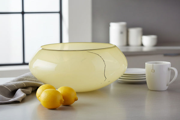 Dale Chihuly, Butter Yellow Basket with Black Lap Wrap, Signed 1993 Handblown Glass Sculpture