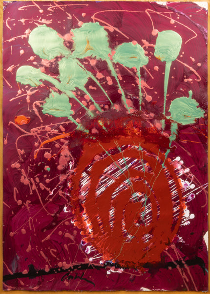 Dale Chihuly Signed Cranberry Red Ikebana with Turquoise Stems Original Painting