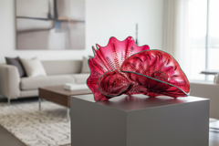 Dale Chihuly, Cranberry Red Seaform Set with Teal Lip Wrap, Large 16.5 Inch 4 pieces