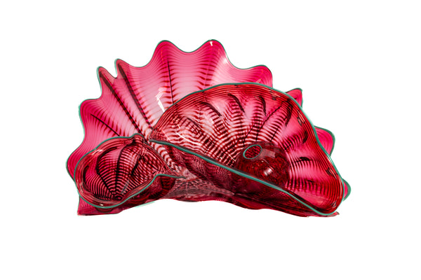 Dale Chihuly Large 16.5 Inch 4pc Cranberry Seaform Set with Teal Lip Wrap