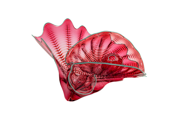 Dale Chihuly Large 16.5 Inch 4pc Cranberry Seaform Set with Teal Lip Wrap