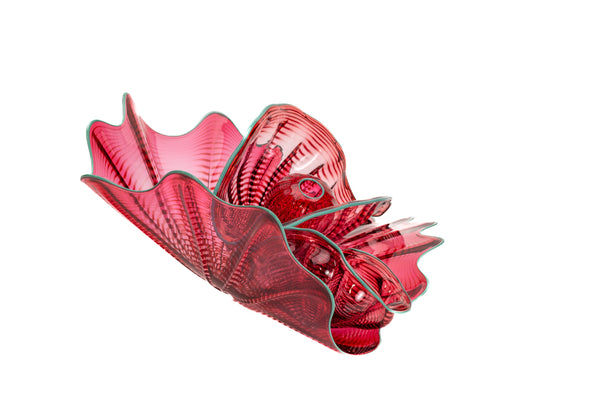 Dale Chihuly Large 16.5 Inch 4pc Cranberry Seaform Set with Teal Lip Wrap