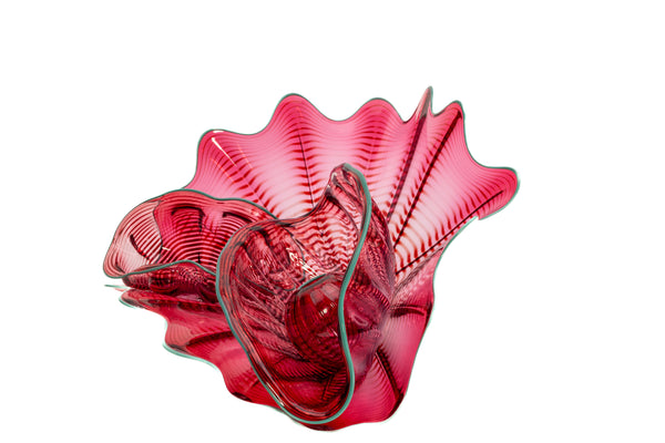 Dale Chihuly Large 16.5 Inch 4pc Cranberry Seaform Set with Teal Lip Wrap