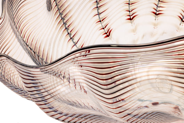 Dale Chihuly Large Hand-Blown Glass 20” Signed Ivory Red Seaform with Black Lip Wrap