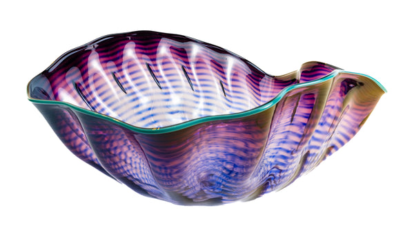 Dale Chihuly Large 15” Purple Seaform with Turquoise Lip Wrap Hand Blown Glass