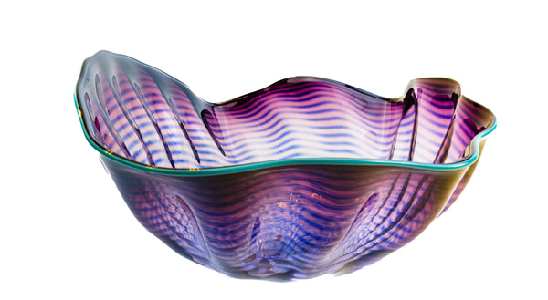 Dale Chihuly Large 15” Purple Seaform with Turquoise Lip Wrap Hand Blown Glass