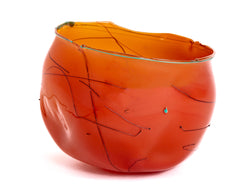 Dale Chihuly Signed 1978 Red-Orange Hand Blown Glass Basket with Green Lip Wrap