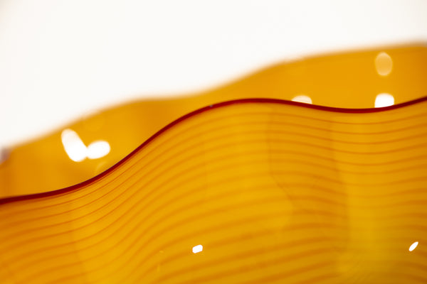 Two abstract blown-glass sculptures by Dale Chihuly in vivid saffron yellow, featuring organic, seaform-inspired shapes with contrasting lip wraps; one larger and one smaller form are displayed together, emphasizing scale, color saturation, and biomorphic movement characteristic of Chihuly's modern glass work.