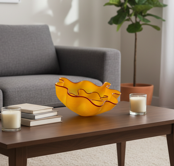 Two abstract blown-glass sculptures by Dale Chihuly in vivid saffron yellow, featuring organic, seaform-inspired shapes with contrasting lip wraps; one larger and one smaller form are displayed together, emphasizing scale, color saturation, and biomorphic movement characteristic of Chihuly's modern glass work.