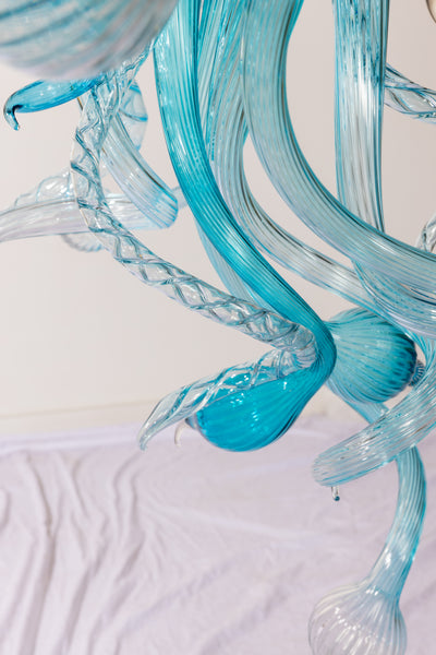 Dale Chihuly Turquoise, Teal, and White 5.5' Original Hand Blown Glass Chandelier incl. Installation