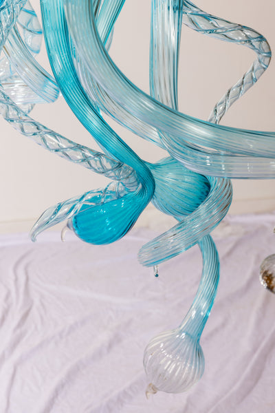 Dale Chihuly Turquoise, Teal, and White 5.5' Original Hand Blown Glass Chandelier incl. Installation