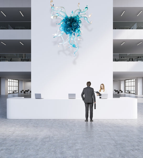 Dale Chihuly Turquoise, Teal, and White 5.5' Original Hand Blown Glass Chandelier incl. Installation