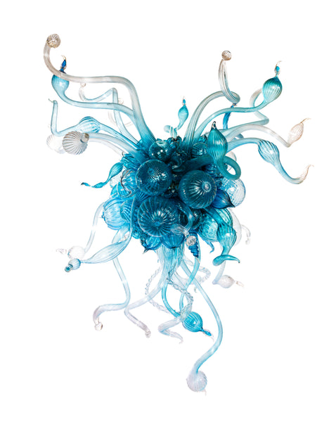 Dale Chihuly Turquoise, Teal, and White 5.5' Original Hand Blown Glass Chandelier incl. Installation