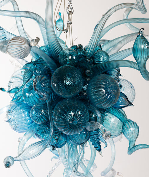 Dale Chihuly Turquoise, Teal, and White 5.5' Original Hand Blown Glass Chandelier incl. Installation