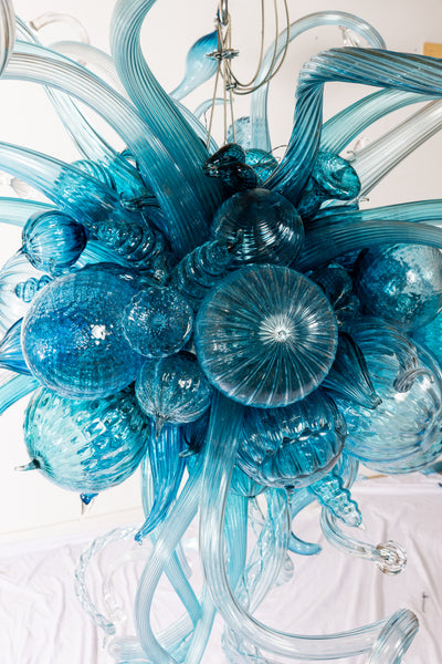 Dale Chihuly Turquoise, Teal, and White 5.5' Original Hand Blown Glass Chandelier incl. Installation