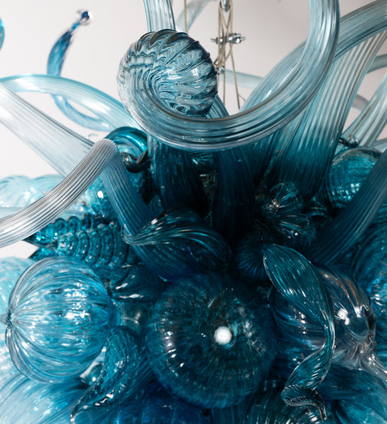 Dale Chihuly Turquoise, Teal, and White 5.5' Original Hand Blown Glass Chandelier incl. Installation