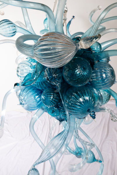 Dale Chihuly Turquoise, Teal, and White 5.5' Original Hand Blown Glass Chandelier incl. Installation