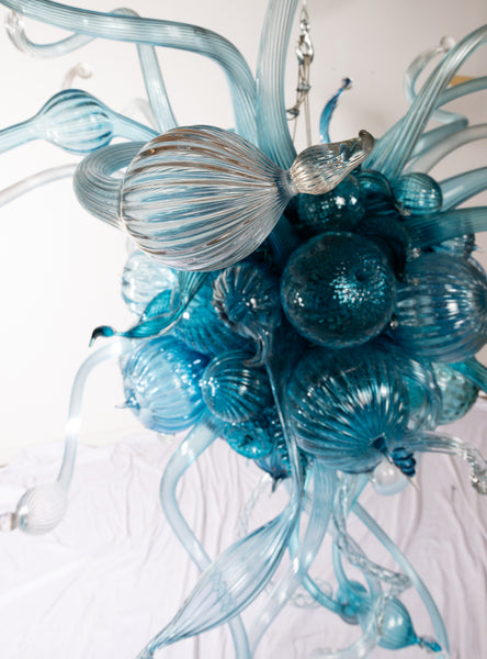 Dale Chihuly Turquoise, Teal, and White 5.5' Original Hand Blown Glass Chandelier incl. Installation