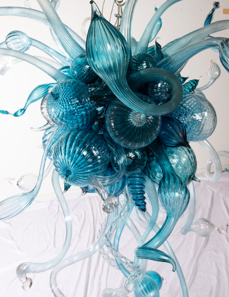 Dale Chihuly Turquoise, Teal, and White 5.5' Original Hand Blown Glass Chandelier incl. Installation