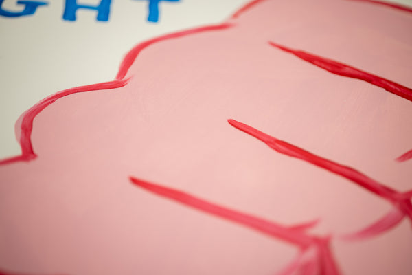 David Shrigley, Fight Your Paranoia, is a 30 x 22.25 inch original acrylic painting on Fabriano paper featuring a clenched fist and ironic text