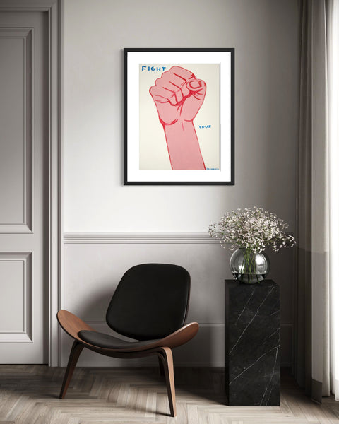 David Shrigley, Fight Your Paranoia, is a 30 x 22.25 inch original acrylic painting on Fabriano paper featuring a clenched fist and ironic text