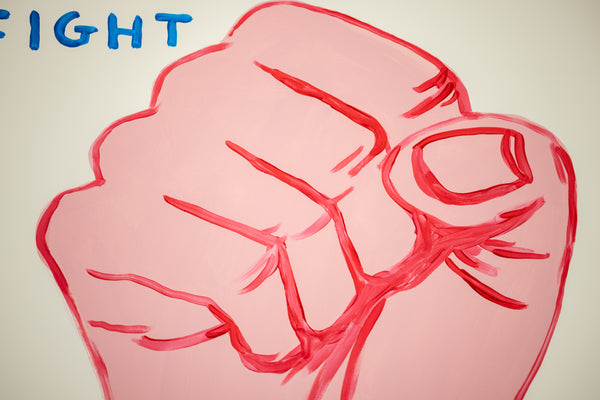 David Shrigley, Fight Your Paranoia, is a 30 x 22.25 inch original acrylic painting on Fabriano paper featuring a clenched fist and ironic text