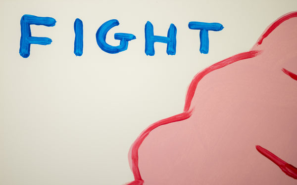 David Shrigley, Fight Your Paranoia, is a 30 x 22.25 inch original acrylic painting on Fabriano paper featuring a clenched fist and ironic text