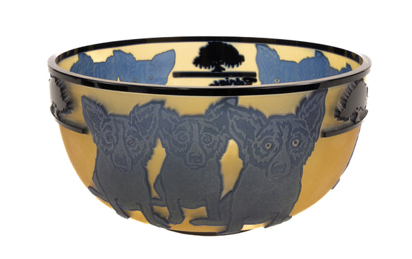 "Blue Dog with Cypress Trees" is a limited-edition cameo glass sculpture by American artist George Rodrigue, notable for its rarity and exceptional craftsmanship