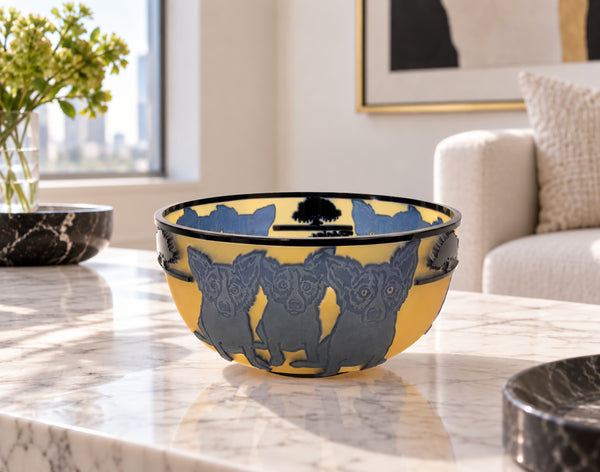"Blue Dog with Cypress Trees" is a limited-edition cameo glass sculpture by American artist George Rodrigue, notable for its rarity and exceptional craftsmanship