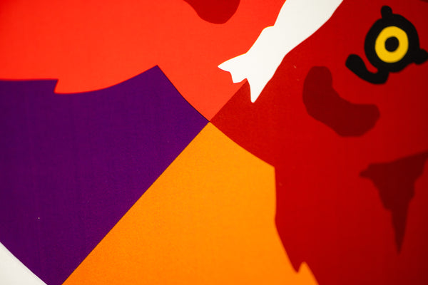 George Rodrigue, Round the Mulberry Bush, is a 2015 circular limited edition screenprint in colors measuring 35.5 inches in diameter