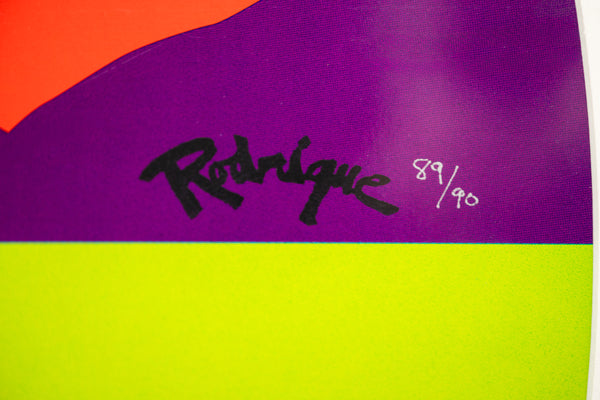 George Rodrigue, Round the Mulberry Bush, is a 2015 circular limited edition screenprint in colors measuring 35.5 inches in diameter