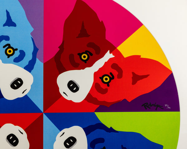 George Rodrigue, Round the Mulberry Bush, is a 2015 circular limited edition screenprint in colors measuring 35.5 inches in diameter